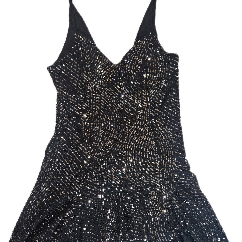 Topshop Sequin Cocktail Dress Womens 4‎ Black Mini Spaghetti Strap Party Flare